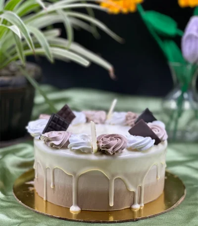 Close-up of decadent triple chocolate cake texture with three distinct chocolate layers