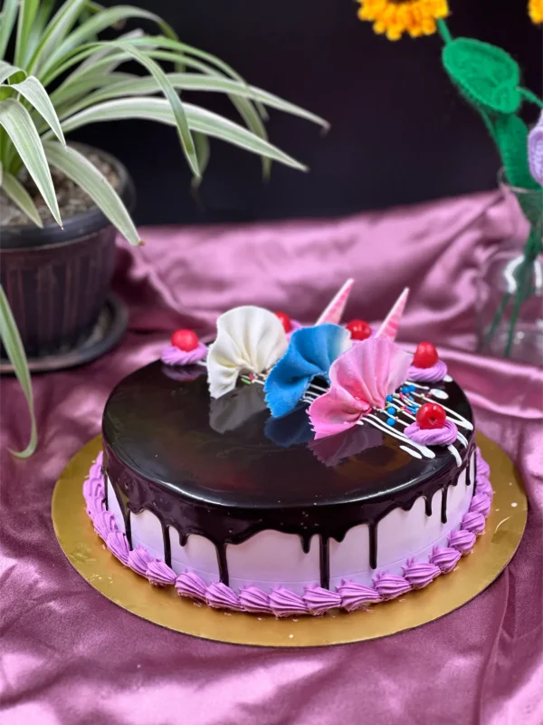 Fudgy close-up of layered chocolate cake with creamy ganache